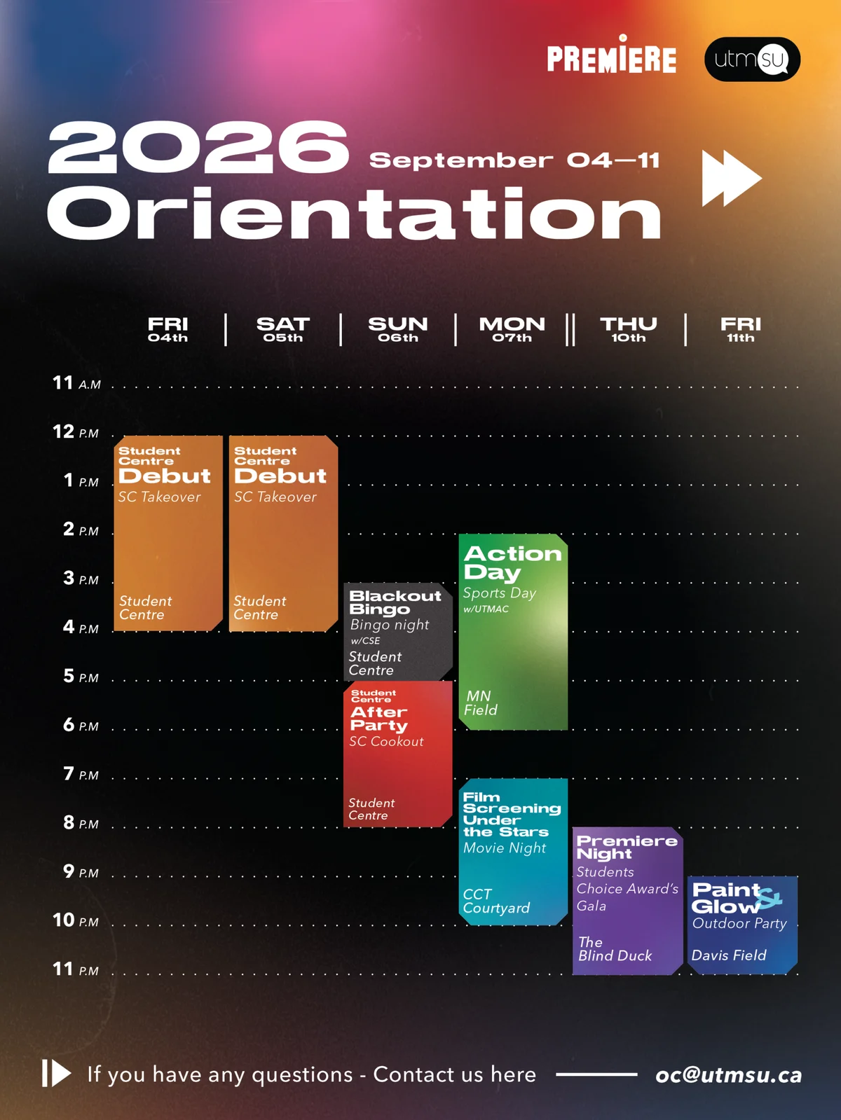 Premiere 26 Orientation master schedule for September 4 to 11, 2026