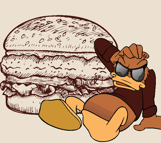 The Blind Duck mascot relaxing beside a burger